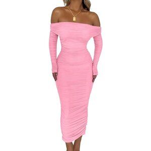Fall Off Shoulder Maxi Bodycon Long Sleeve Ruched Dress Size Large